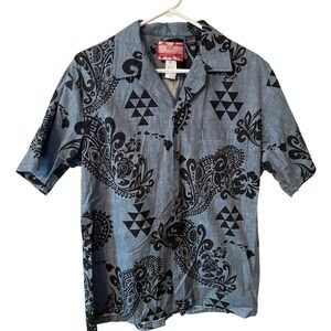 RJC Mens Hawaiian Shirt Blue Black Tribal Floral Cotton Made in USA Style 102C L